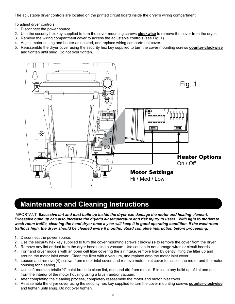 Fig. 1, Maintenance and cleaning instructions | World Dryer SMARTdri Series K48 User Manual | Page 5 / 6