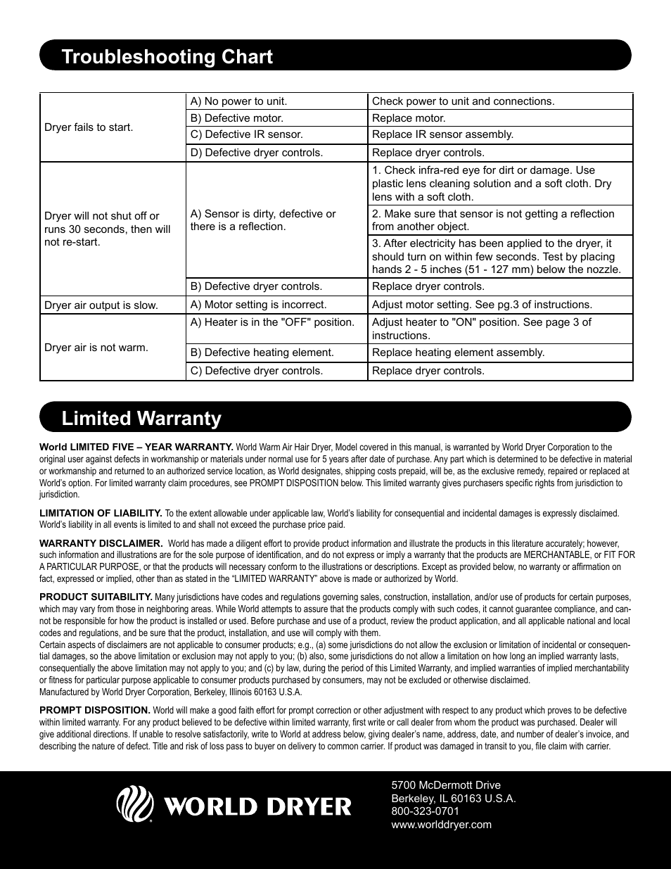 Limited warranty, Troubleshooting chart | World Dryer SMARTdri Series K48 User Manual | Page 6 / 6
