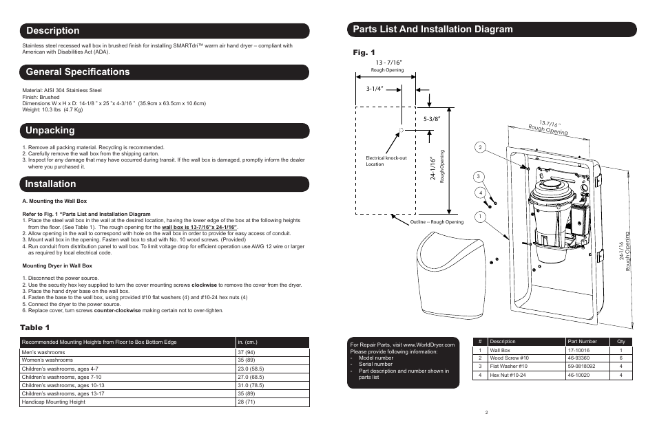 Unpacking, General specifications description installation, Parts list and installation diagram | Table 1, Fig. 1 | World Dryer SMARTdri Series Recess Kit KKR - 973 User Manual | Page 2 / 2
