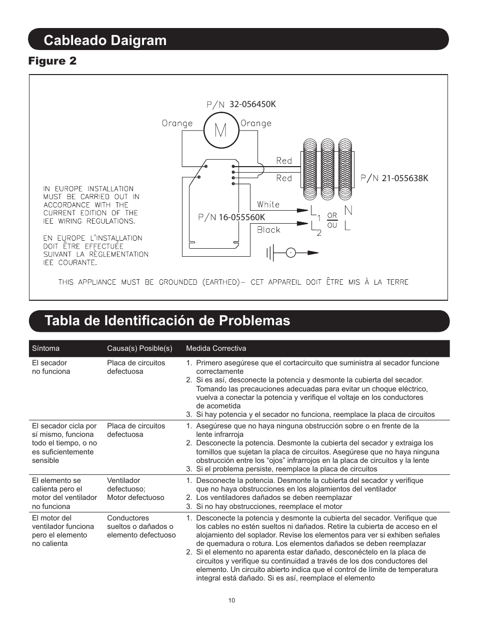 Tabla de identificación de problemas, Cableado daigram, Figure 2 | World Dryer Electric-Aire LN User Manual | Page 10 / 16