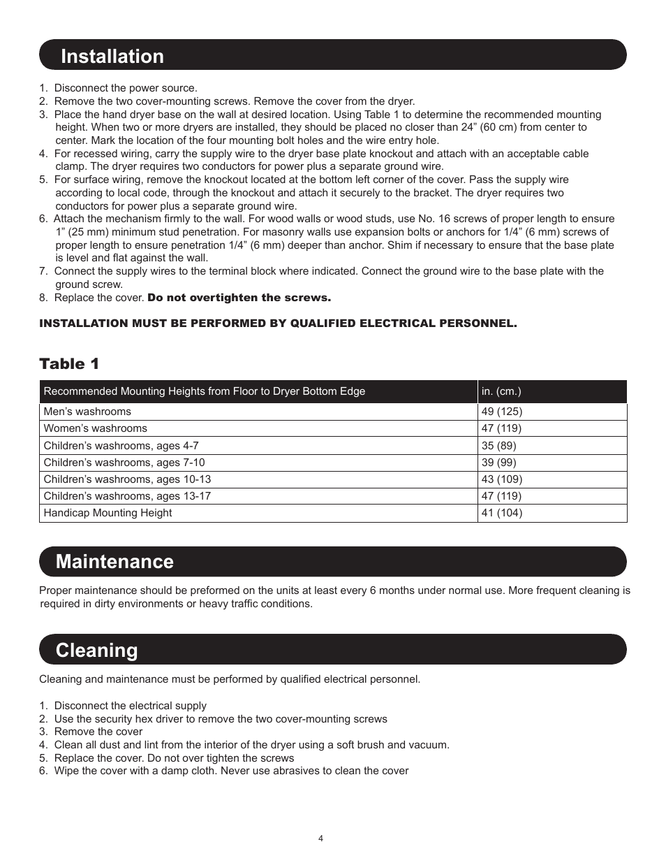 Maintenance, Cleaning, Installation | Table 1 | World Dryer Electric-Aire LN User Manual | Page 4 / 16