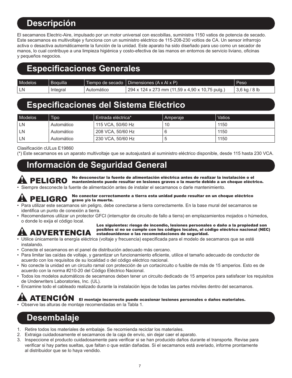 Descripción, Información de seguridad general, Desembalaje | Peligro, Advertencia, Atención | World Dryer Electric-Aire LN User Manual | Page 7 / 16