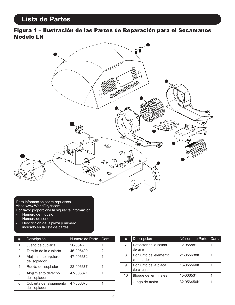 Lista de partes | World Dryer Electric-Aire LN User Manual | Page 8 / 16