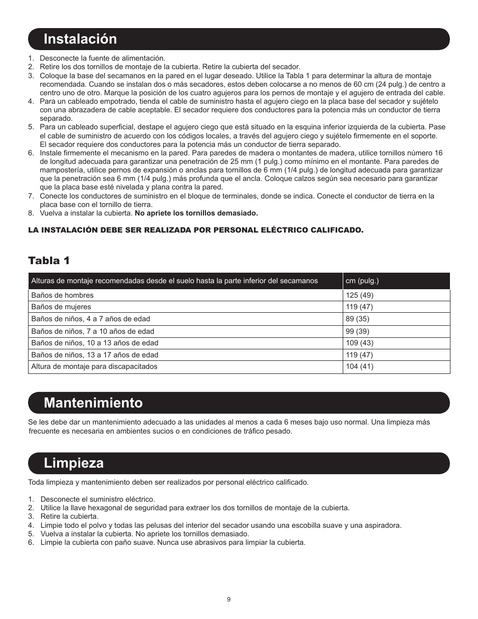 Mantenimiento, Limpieza, Instalación | Tabla 1 | World Dryer Electric-Aire LN User Manual | Page 9 / 16