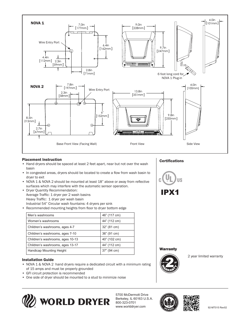 Ipx1 | World Dryer Nova 2 User Manual | Page 2 / 2