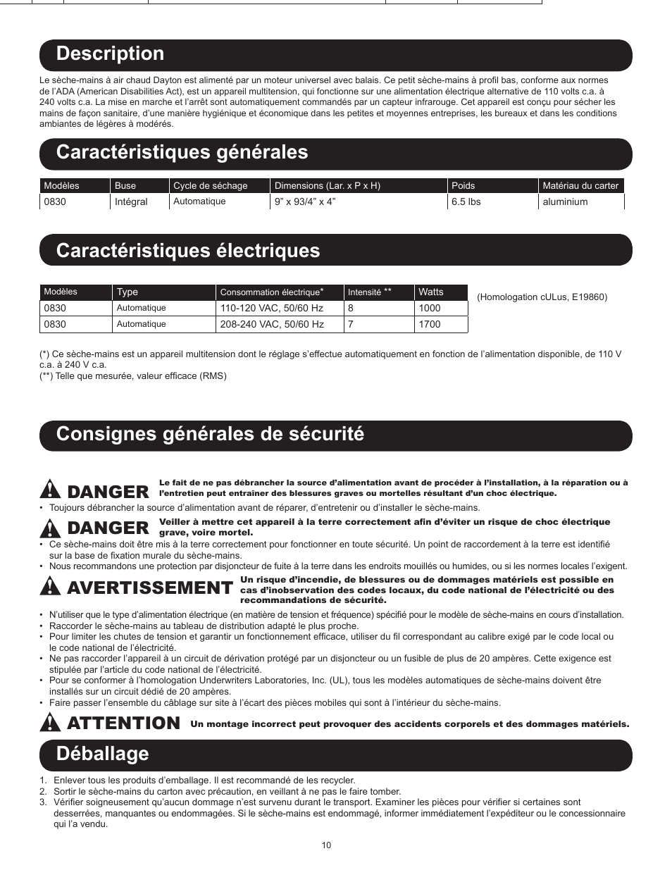 Description, Consignes générales de sécurité, Déballage | Danger, Avertissement, Attention | World Dryer Nova 1 User Manual | Page 10 / 13