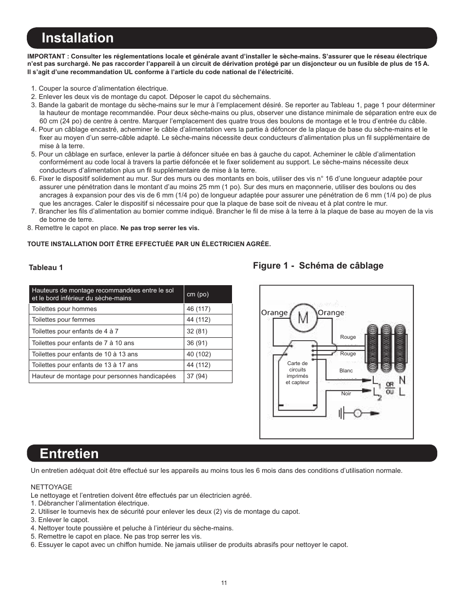 Installation entretien, Figure 1 - schéma de câblage | World Dryer Nova 1 User Manual | Page 11 / 13