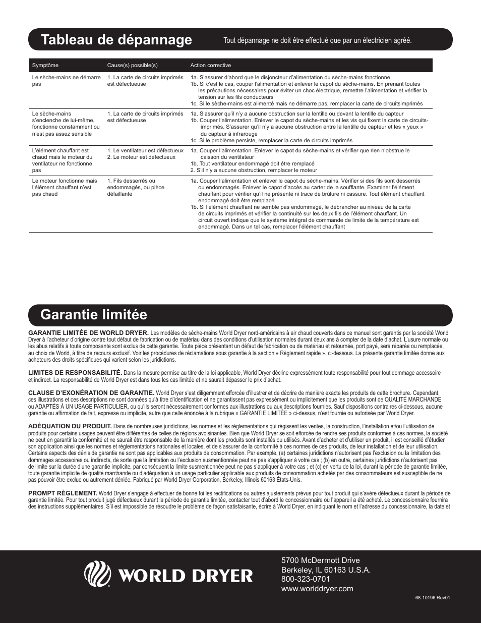 Garantie limitée, Tableau de dépannage | World Dryer Nova 1 User Manual | Page 13 / 13