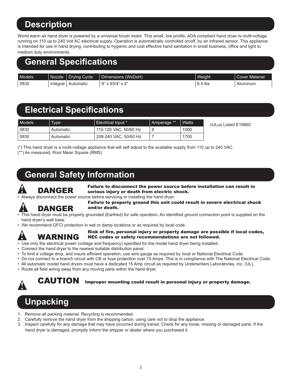 Description, General specifications electrical specifications, General safety information | Unpacking, Caution, Danger, Warning | World Dryer Nova 1 User Manual | Page 2 / 13