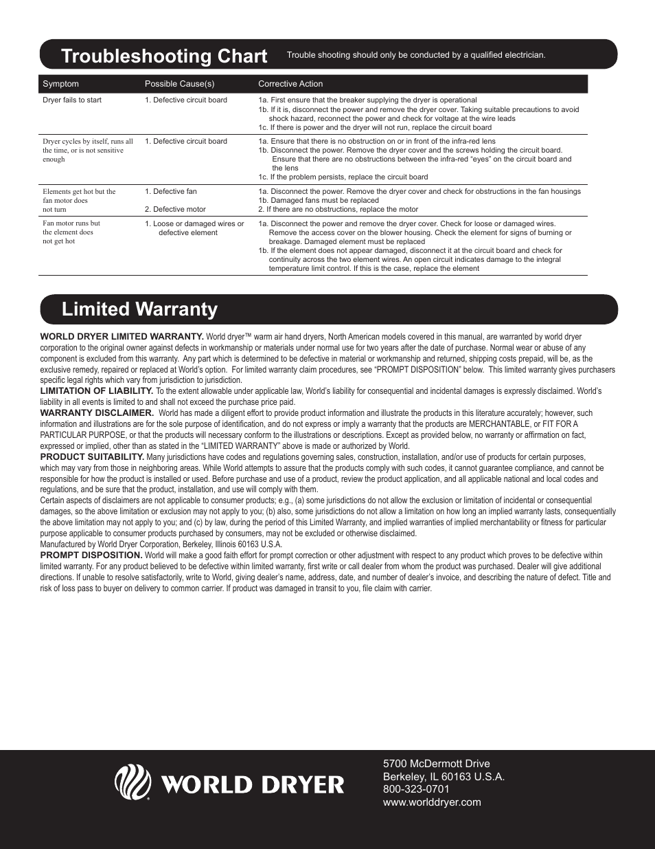 Limited warranty, Troubleshooting chart | World Dryer Nova 1 User Manual | Page 5 / 13