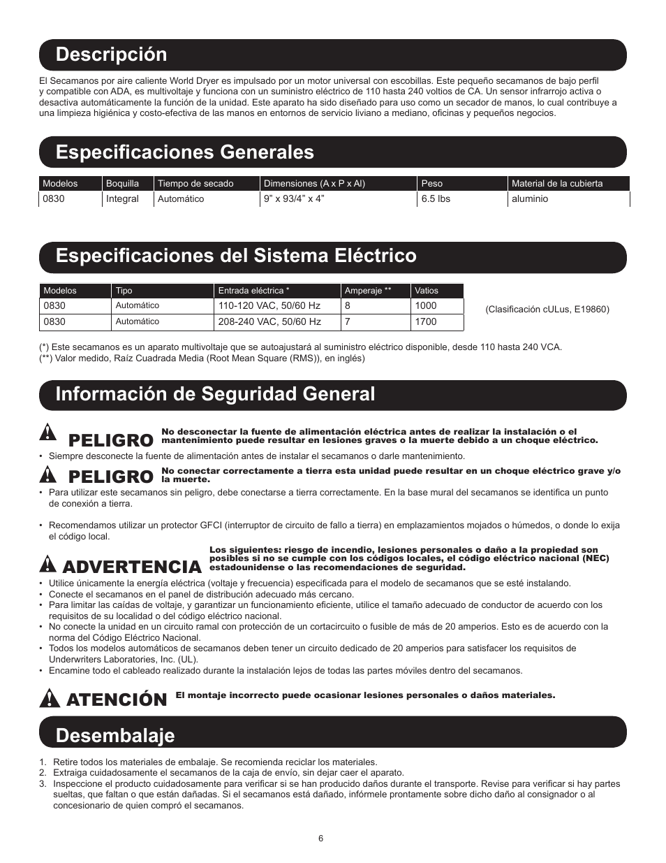 Descripción, Información de seguridad general, Desembalaje | Peligro, Advertencia, Atención | World Dryer Nova 1 User Manual | Page 6 / 13