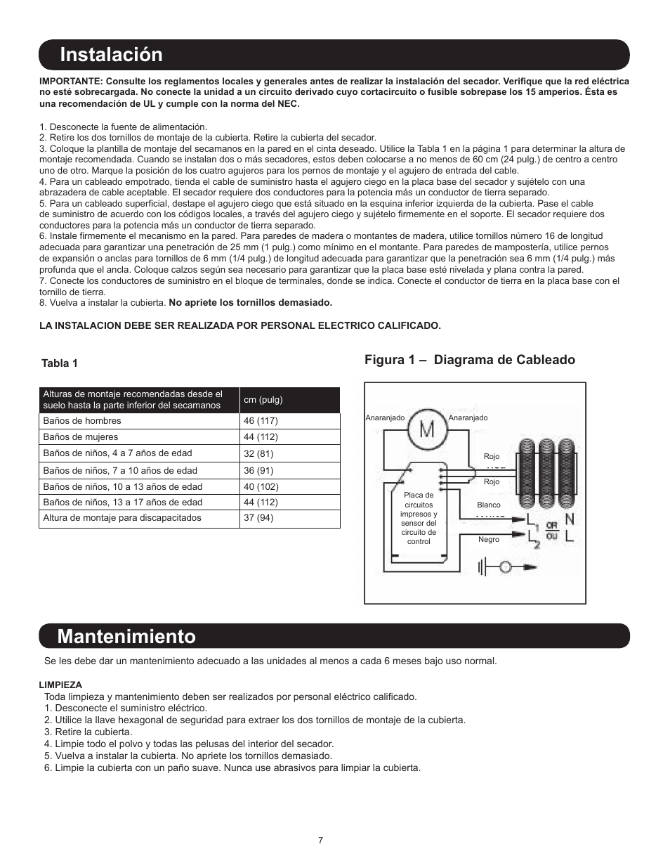 Instalación mantenimiento, Figura 1 – diagrama de cableado | World Dryer Nova 1 User Manual | Page 7 / 13