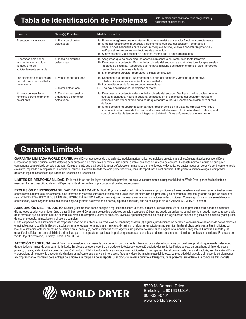 Garantía limitada, Tabla de identificación de problemas | World Dryer Nova 1 User Manual | Page 9 / 13