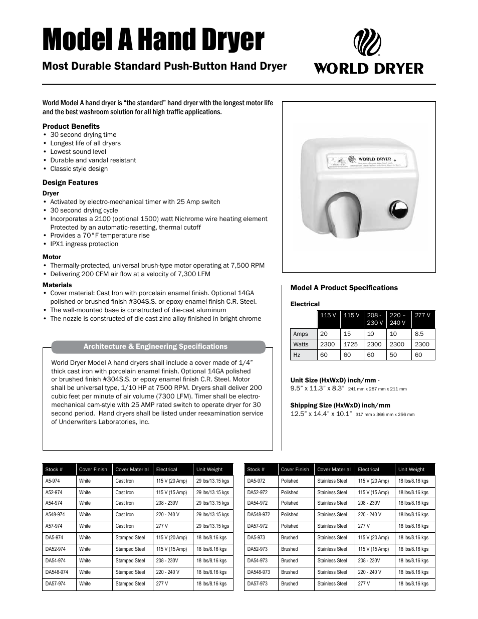 World Dryer А User Manual | 2 pages