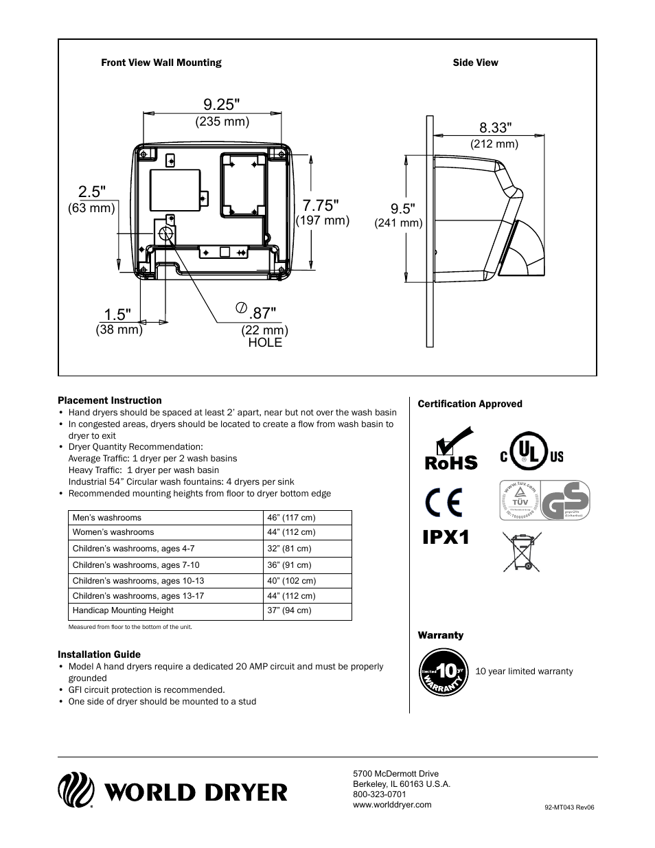 Ipx1 | World Dryer А User Manual | Page 2 / 2