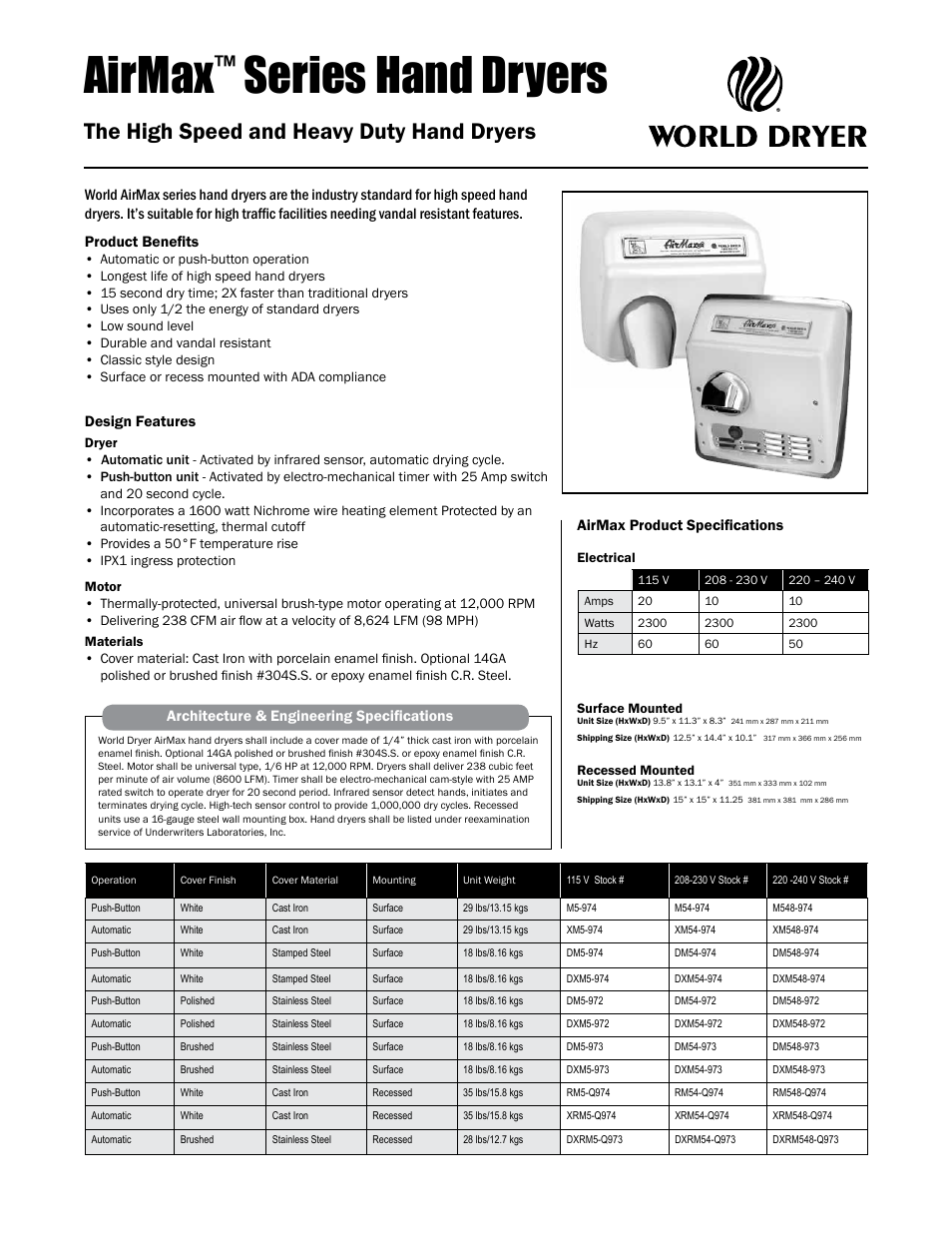 World Dryer AirMax User Manual | 2 pages