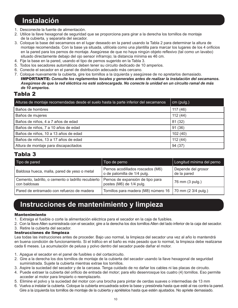 Instalación, Instrucciones de mantenimiento y limpieza, Tabla 2 tabla 3 | World Dryer Airforce J & J4 User Manual | Page 10 / 16