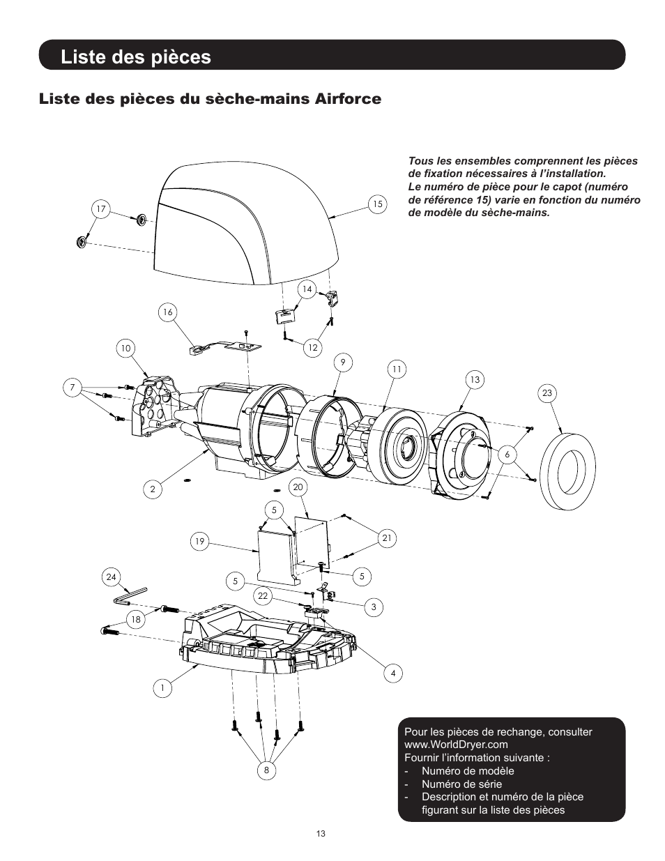 Liste des pièces, Liste des pièces du sèche-mains airforce | World Dryer Airforce J & J4 User Manual | Page 13 / 16