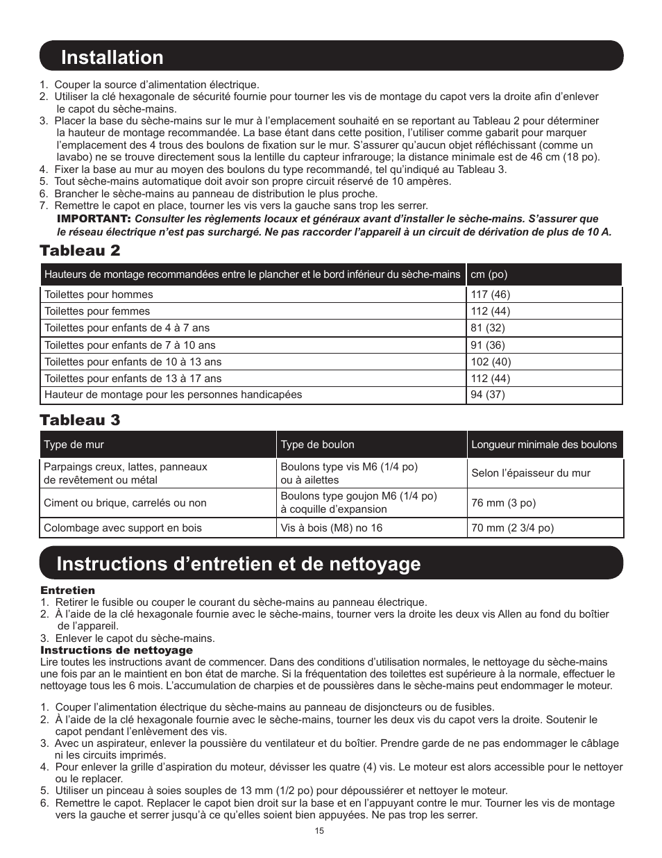 Installation, Instructions d’entretien et de nettoyage, Tableau 2 tableau 3 | World Dryer Airforce J & J4 User Manual | Page 15 / 16