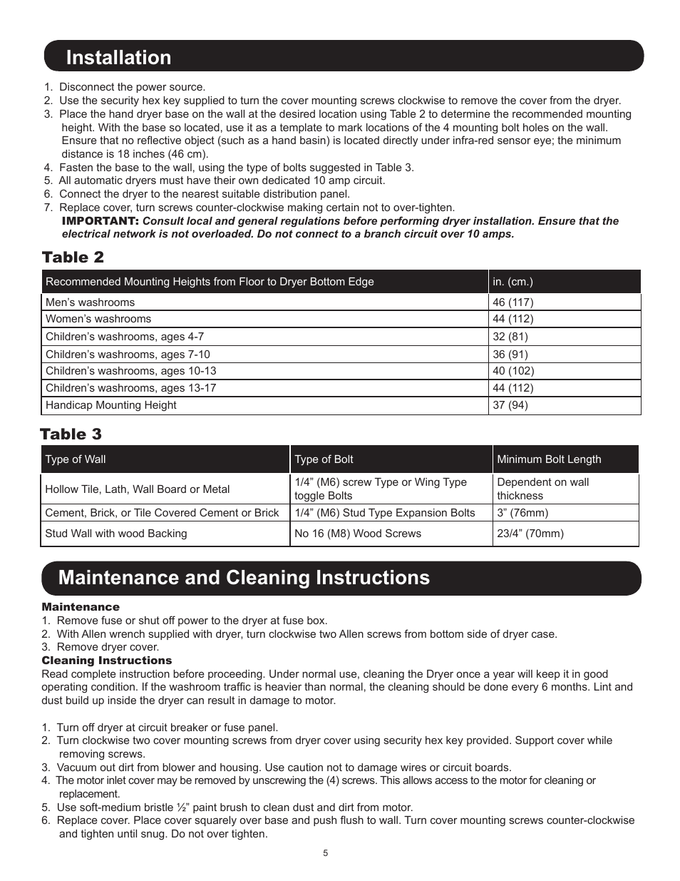 Installation, Maintenance and cleaning instructions, Table 2 table 3 | World Dryer Airforce J & J4 User Manual | Page 5 / 16