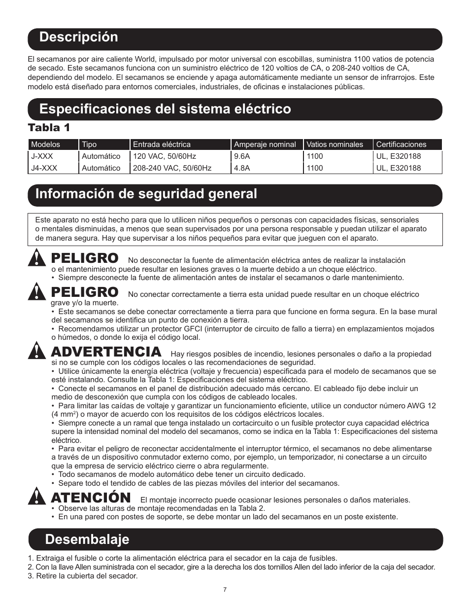 Desembalaje descripción, Especificaciones del sistema eléctrico, Información de seguridad general peligro | Peligro, Advertencia, Atención, Tabla 1 | World Dryer Airforce J & J4 User Manual | Page 7 / 16