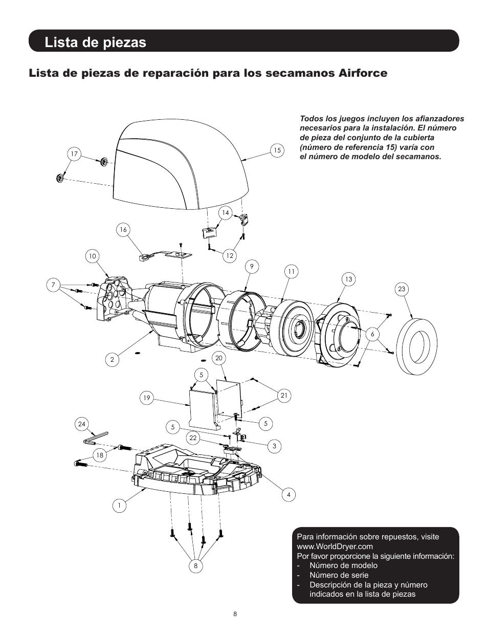 Lista de piezas | World Dryer Airforce J & J4 User Manual | Page 8 / 16