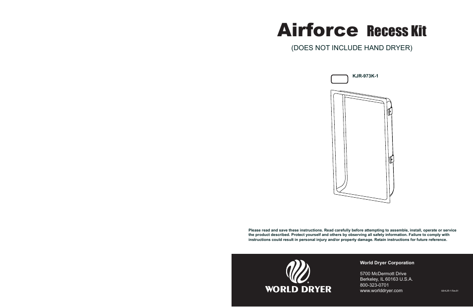 World Dryer Airforce Recess Kit KJR-973K-1 User Manual | 2 pages