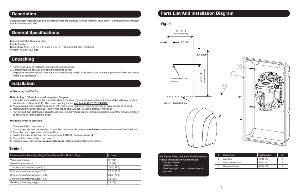 Unpacking, General specifications description installation, Parts list and installation diagram | Table 1, Fig. 1 | World Dryer Airforce Recess Kit KJR-973K-1 User Manual | Page 2 / 2