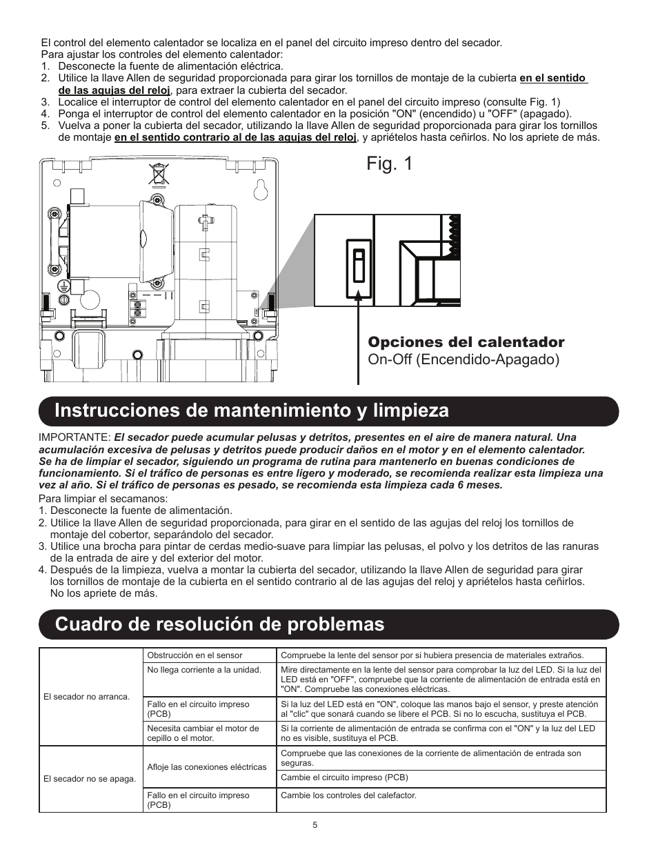 Instrucciones de mantenimiento y limpieza, Cuadro de resolución de problemas, Fig. 1 | Opciones del calentador on-off (encendido-apagado) | World Dryer SLIMdri L User Manual | Page 10 / 16