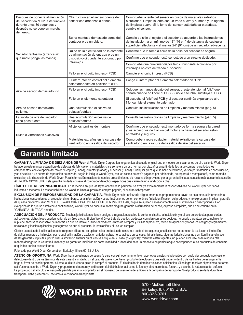 Garantía limitada | World Dryer SLIMdri L User Manual | Page 11 / 16