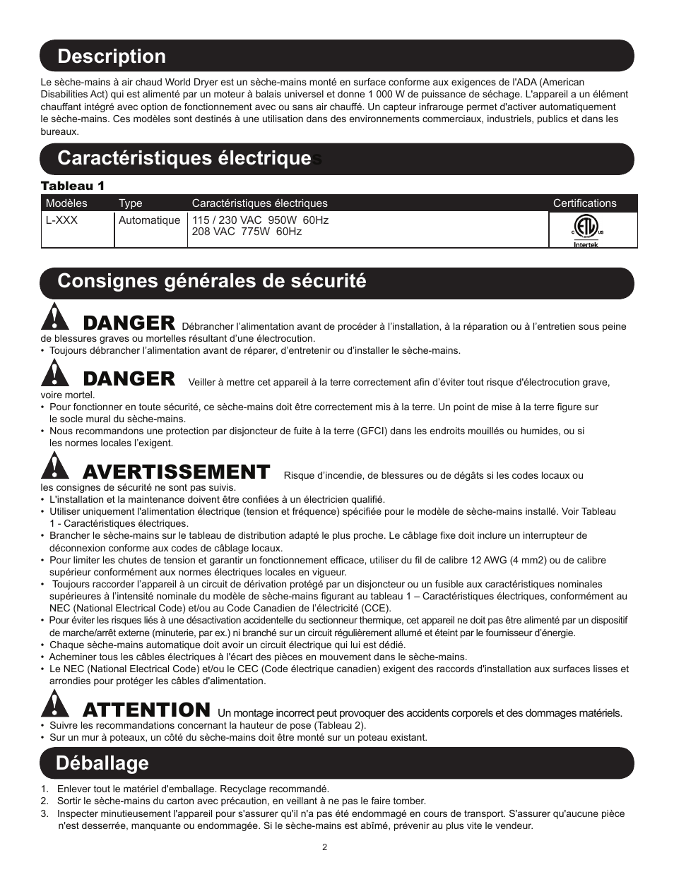 Déballage description, Caractéristiques électrique s, Consignes générales de sécurité danger | Danger, Avertissement, Attention | World Dryer SLIMdri L User Manual | Page 12 / 16