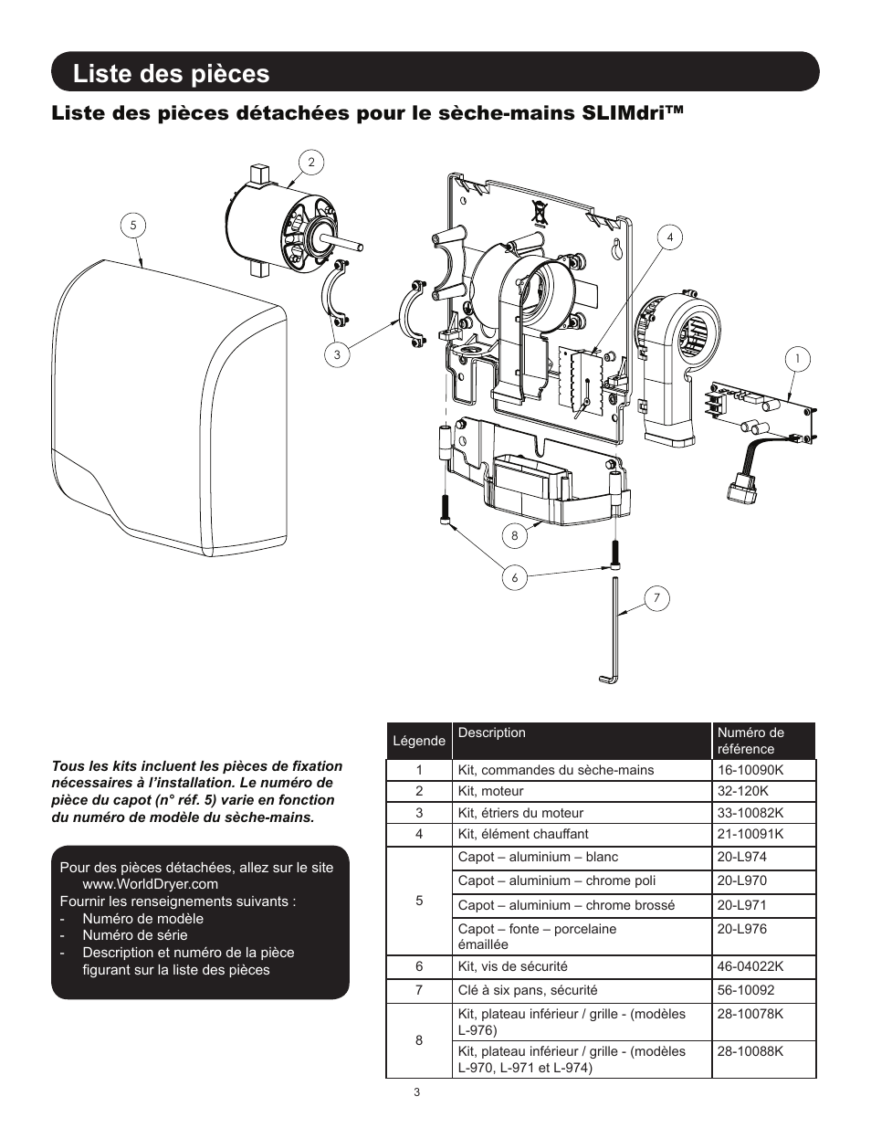 Liste des pièces | World Dryer SLIMdri L User Manual | Page 13 / 16