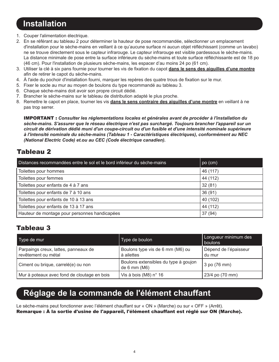 Installation, Réglage de la commande de l'élément chauffant, Tableau 2 tableau 3 | World Dryer SLIMdri L User Manual | Page 14 / 16