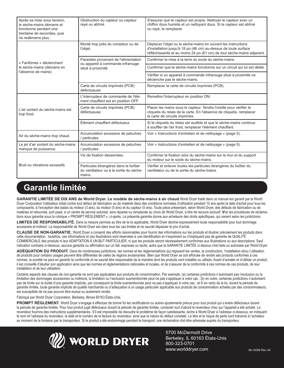 Garantie limitée | World Dryer SLIMdri L User Manual | Page 16 / 16
