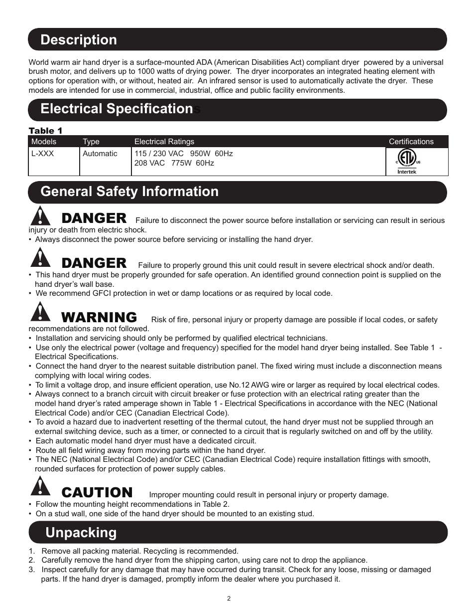 Unpacking description, Electrical specification s, General safety information danger | Danger, Warning, Caution | World Dryer SLIMdri L User Manual | Page 2 / 16