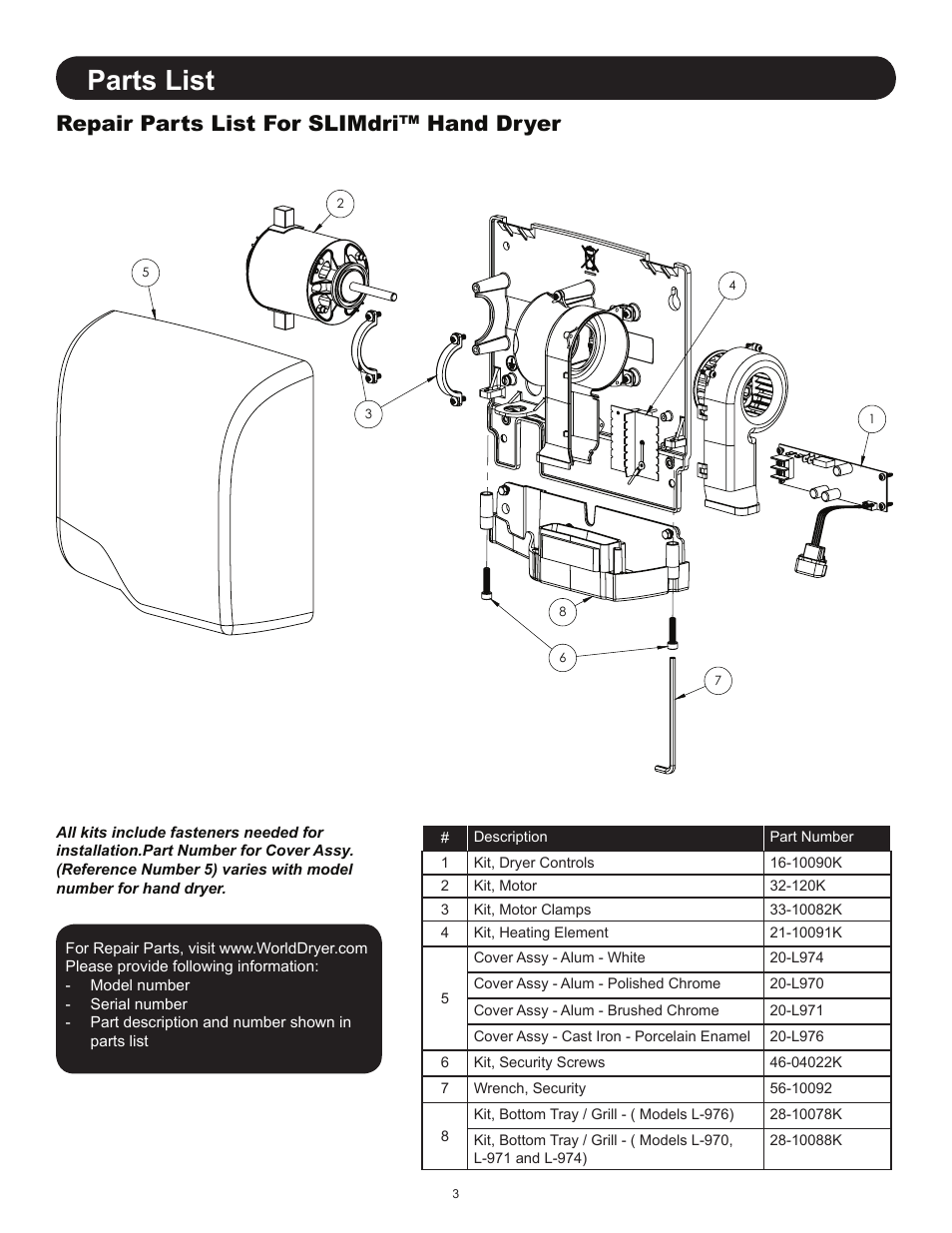 Parts list, Repair parts list for slimdri™ hand dryer | World Dryer SLIMdri L User Manual | Page 3 / 16