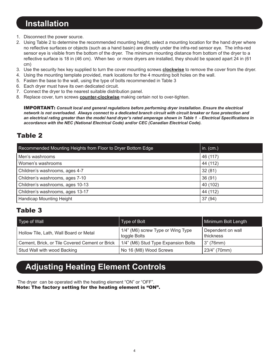 Installation, Adjusting heating element controls, Table 2 table 3 | World Dryer SLIMdri L User Manual | Page 4 / 16