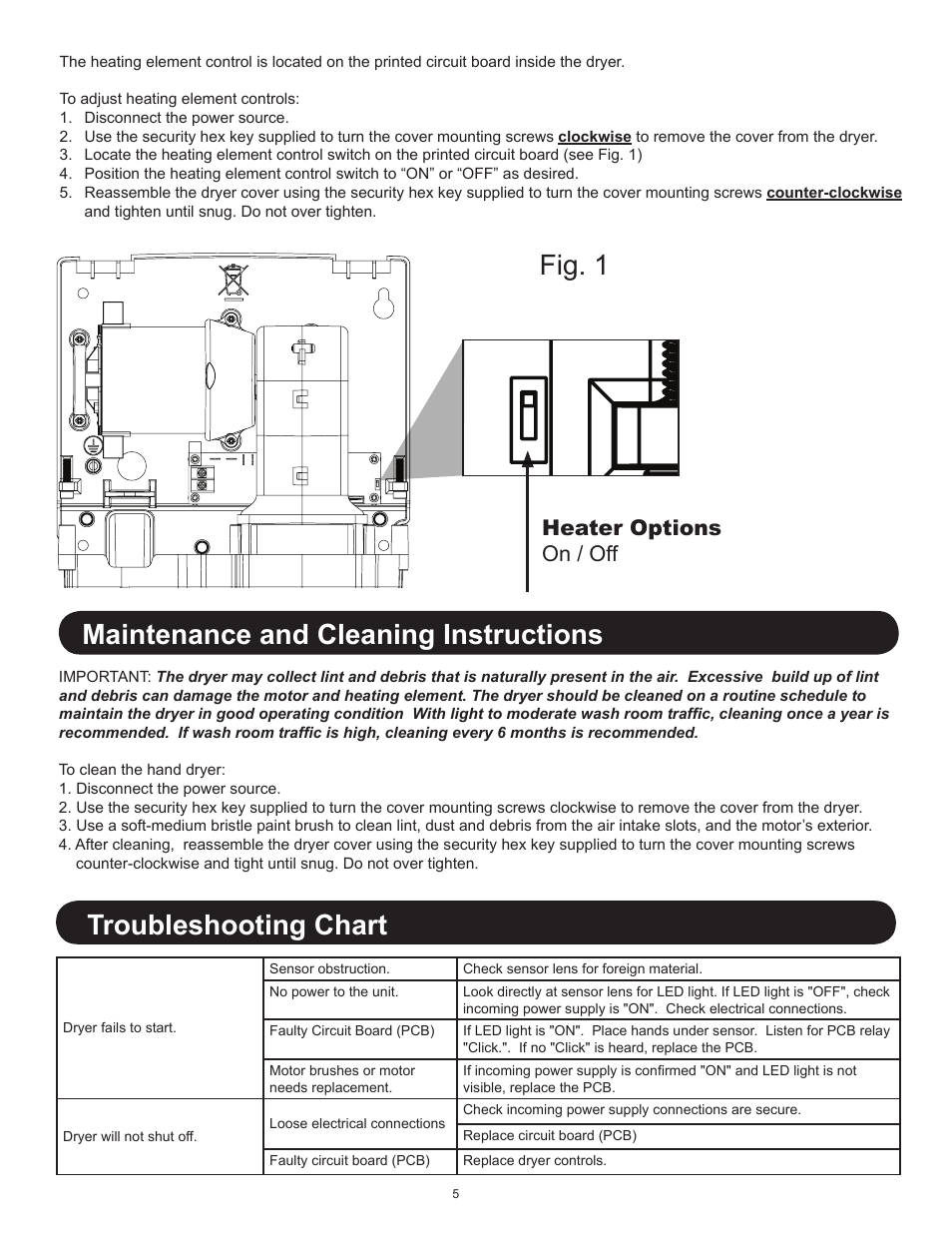 Fig. 1, Maintenance and cleaning instructions, Troubleshooting chart | Heater options on / off | World Dryer SLIMdri L User Manual | Page 5 / 16