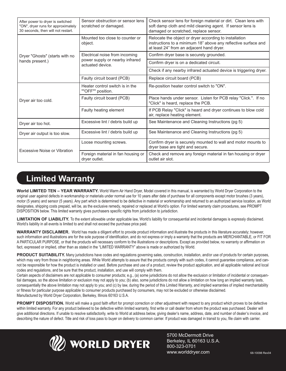 Limited warranty | World Dryer SLIMdri L User Manual | Page 6 / 16