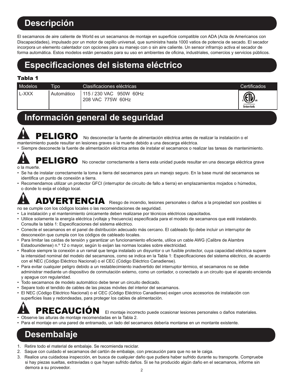 Desembalaje descripción, Especificaciones del sistema eléctrico, Información general de seguridad peligro | Peligro, Advertencia, Precaución | World Dryer SLIMdri L User Manual | Page 7 / 16