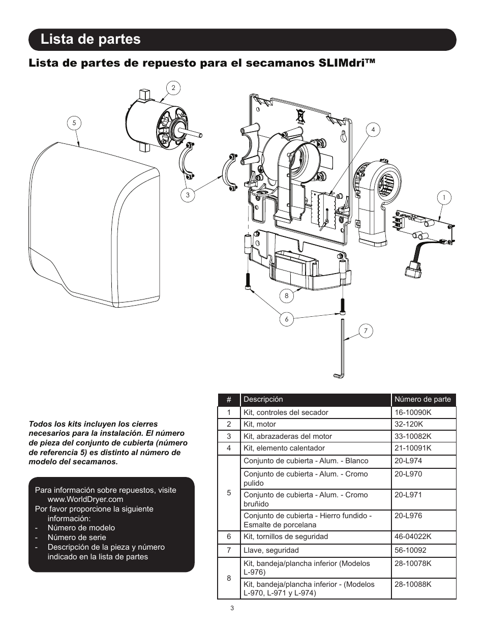 Lista de partes | World Dryer SLIMdri L User Manual | Page 8 / 16