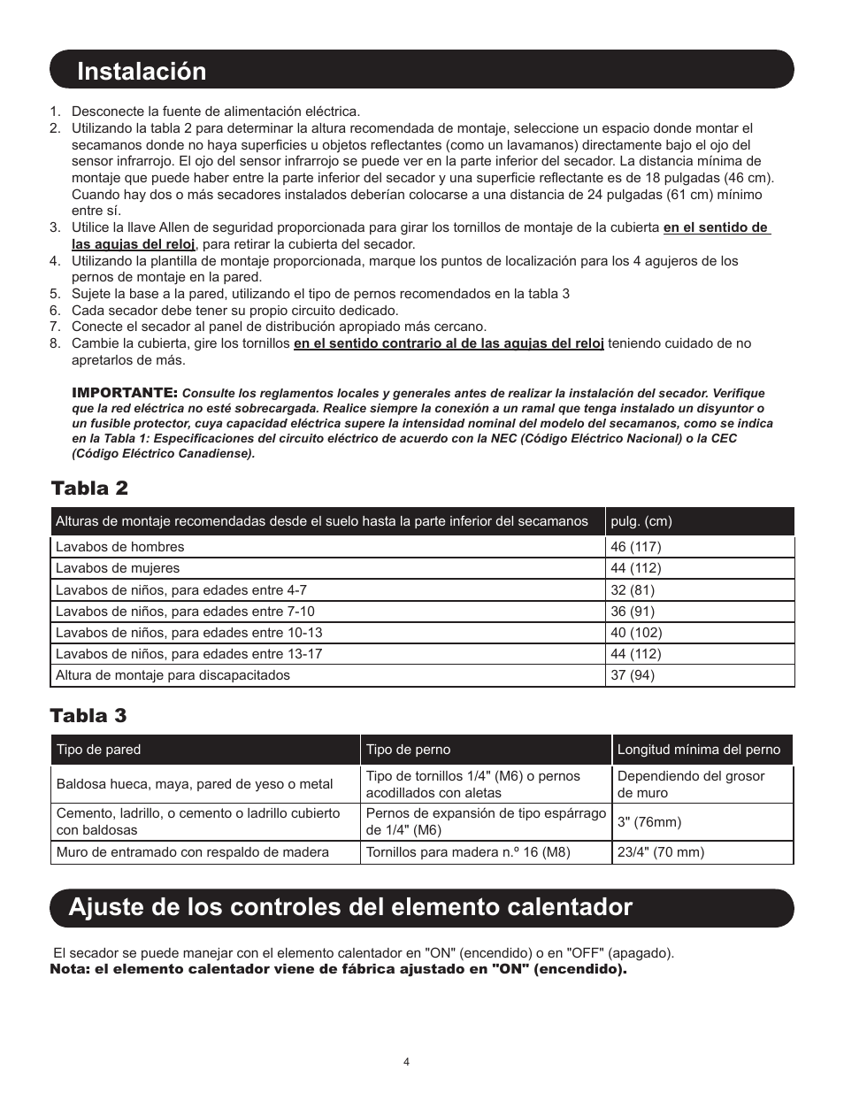 Instalación, Ajuste de los controles del elemento calentador, Tabla 2 tabla 3 | World Dryer SLIMdri L User Manual | Page 9 / 16