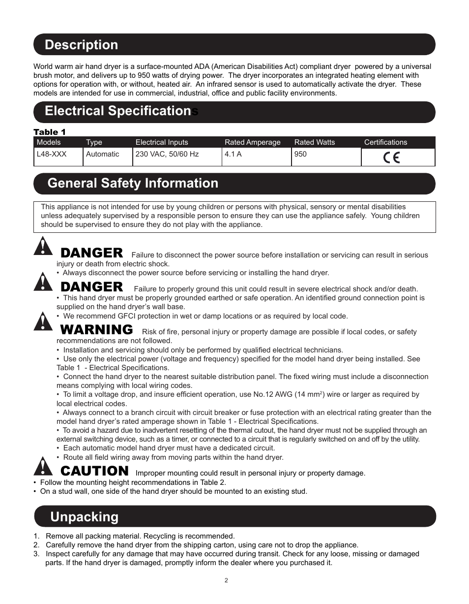 Unpacking description, Electrical specification s, General safety information danger | Danger, Warning, Caution | World Dryer SLIMdri L48 User Manual | Page 2 / 6