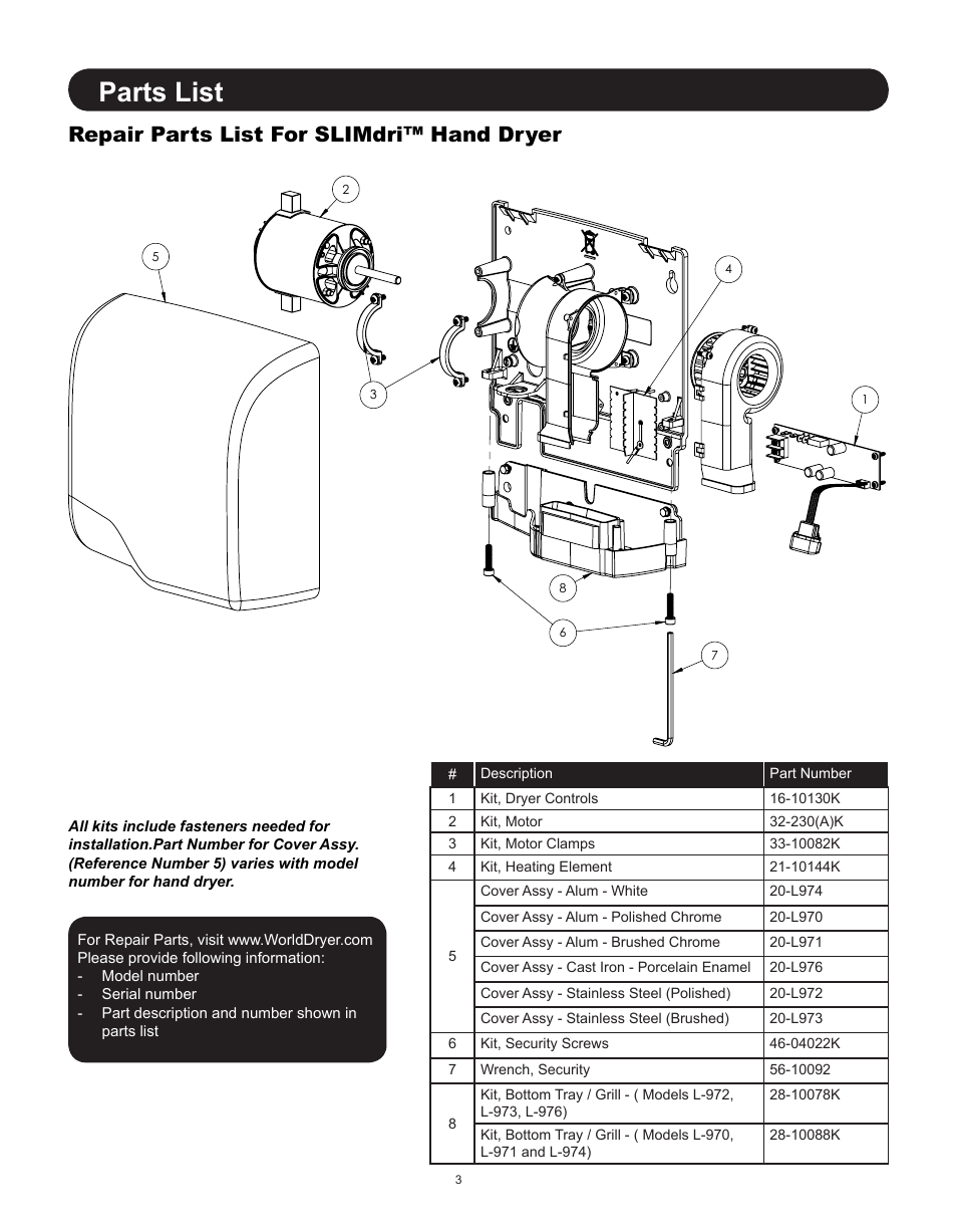 Parts list, Repair parts list for slimdri™ hand dryer | World Dryer SLIMdri L48 User Manual | Page 3 / 6