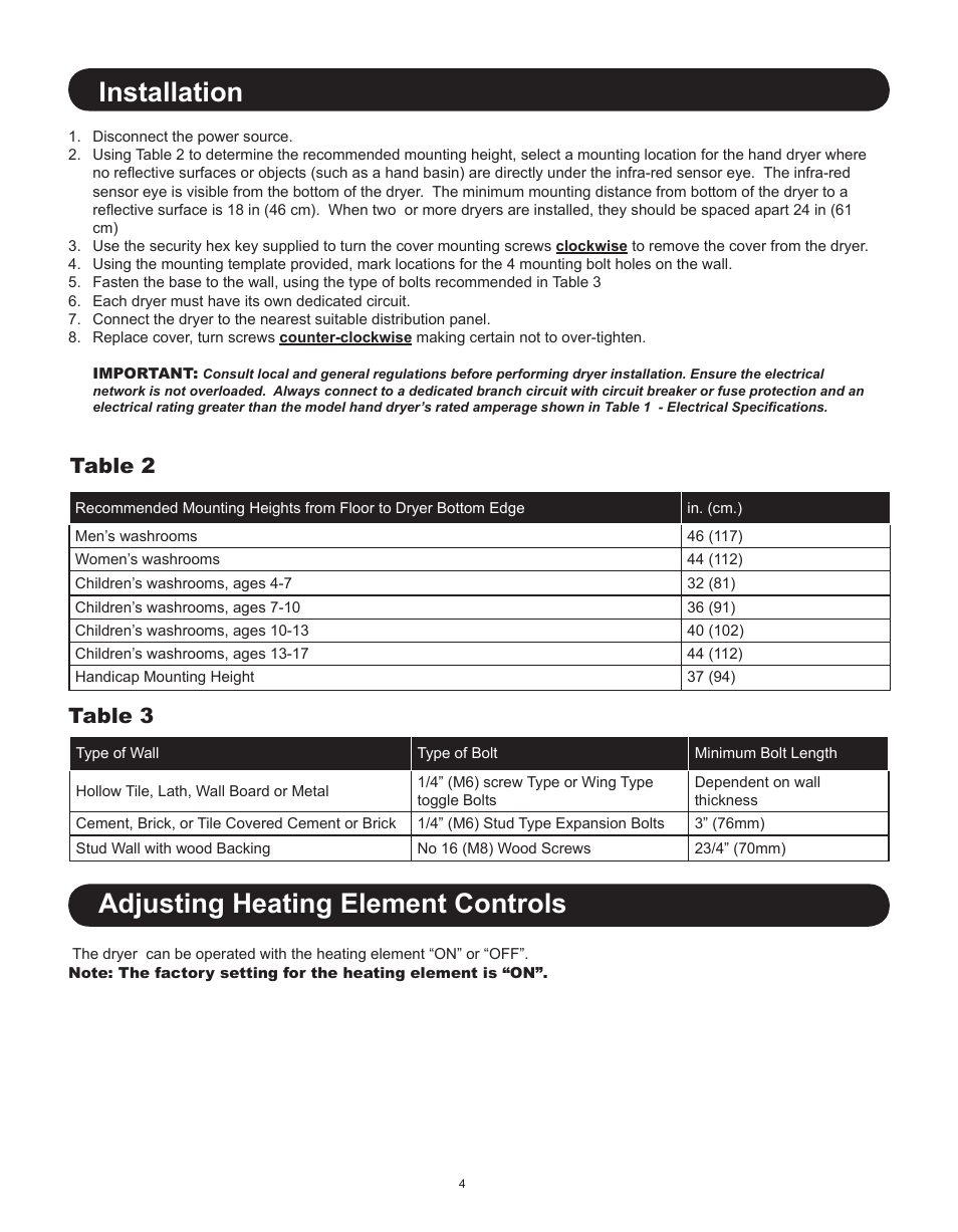 Installation, Adjusting heating element controls, Table 2 table 3 | World Dryer SLIMdri L48 User Manual | Page 4 / 6