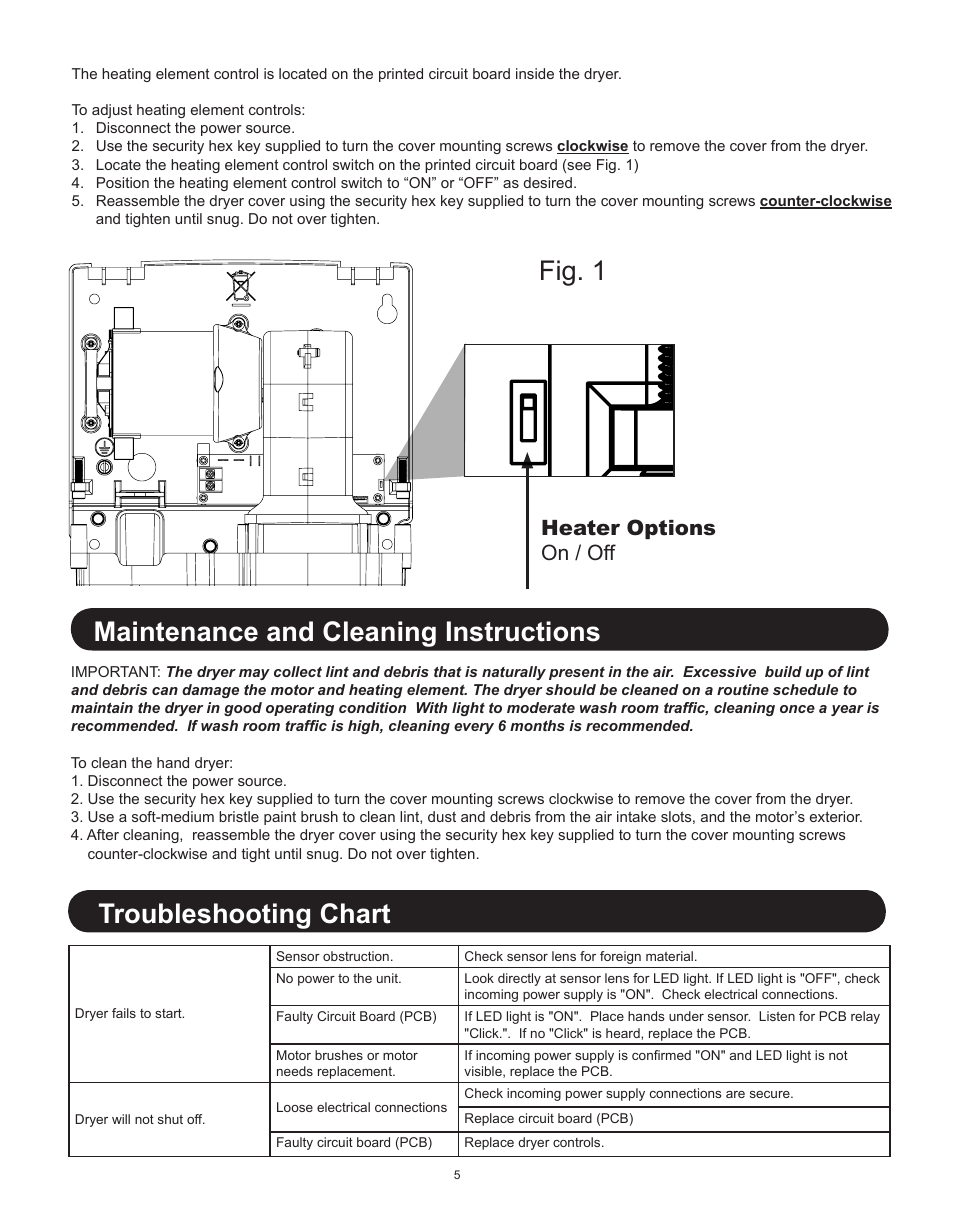 Fig. 1, Maintenance and cleaning instructions, Troubleshooting chart | Heater options on / off | World Dryer SLIMdri L48 User Manual | Page 5 / 6
