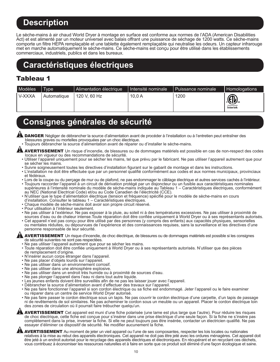 Description, Caractéristiques électriques, Consignes générales de sécurité | Tableau 1 | World Dryer VMax V User Manual | Page 10 / 13