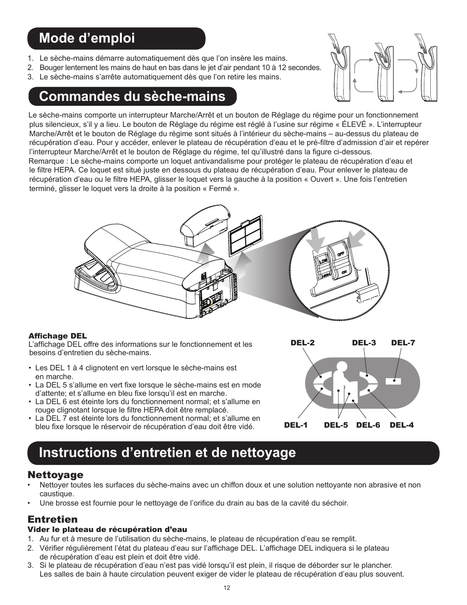 Mode d’emploi, Commandes du sèche-mains, Instructions d’entretien et de nettoyage | Nettoyage, Entretien | World Dryer VMax V User Manual | Page 12 / 13