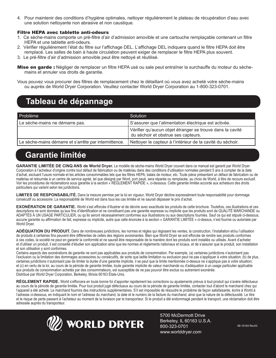 Garantie limitée, Tableau de dépannage | World Dryer VMax V User Manual | Page 13 / 13