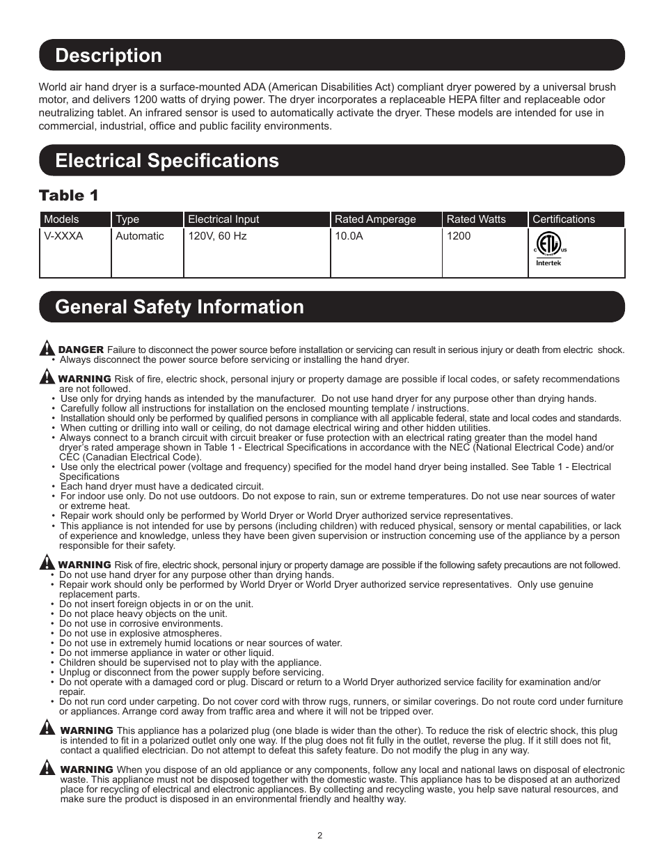 Description, Electrical specifications, General safety information | Table 1 | World Dryer VMax V User Manual | Page 2 / 13